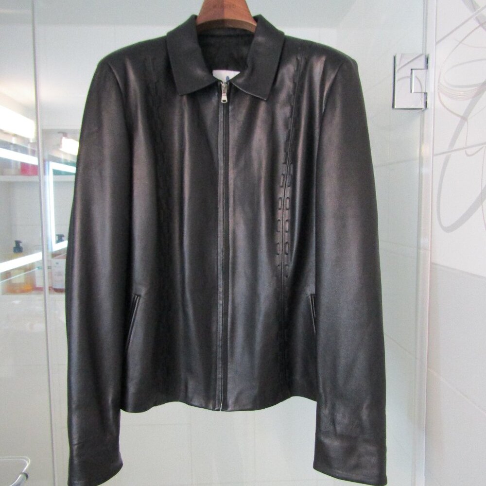 Black Italian Leather Coat Jacket--Made In Italy--Front Zipper--Size 48